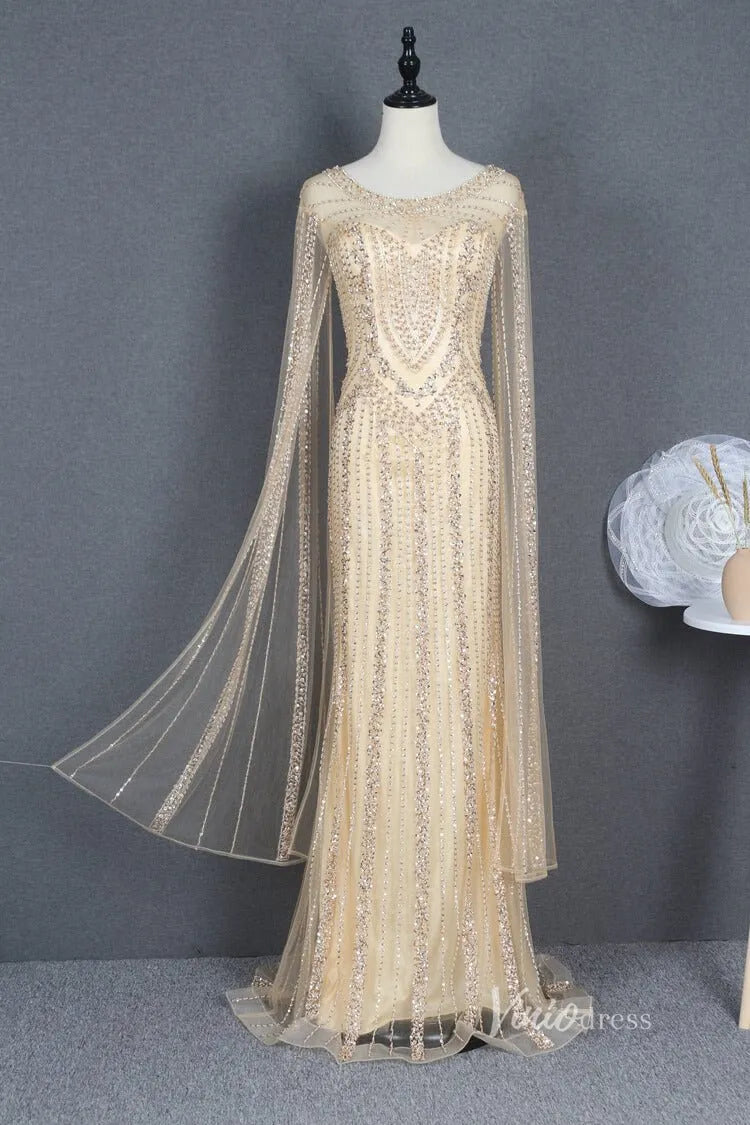 Elegant Cape Sleeve Evening Dress Vintage Beaded Sheath Prom Dresses FD2775-Evening Dresses 2025 -Viniodress-Gold-US 2-