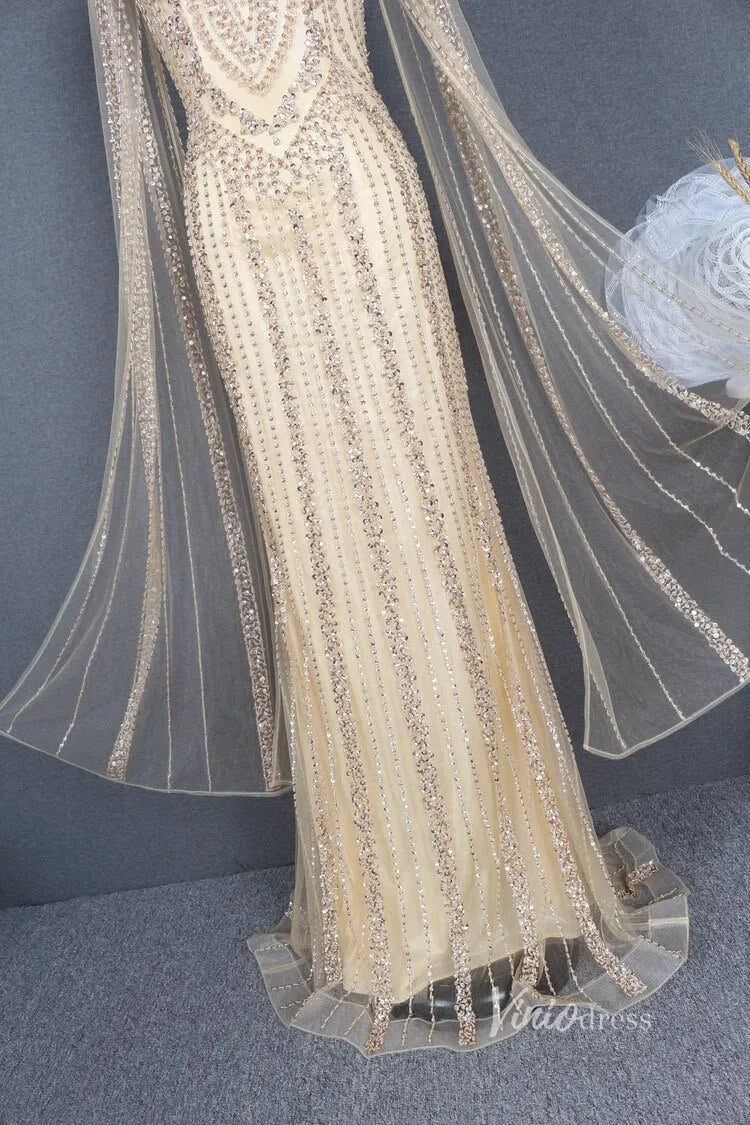 Elegant Cape Sleeve Evening Dress Vintage Beaded Sheath Prom Dresses FD2775-Evening Dresses 2025 -Viniodress-Gold-US 2-