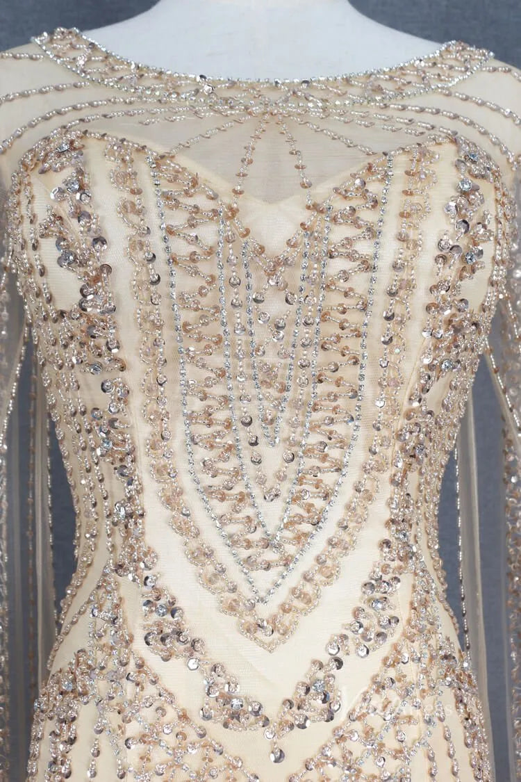 Elegant Cape Sleeve Evening Dress Vintage Beaded Sheath Prom Dresses FD2775-Evening Dresses 2025 -Viniodress-Gold-US 2-