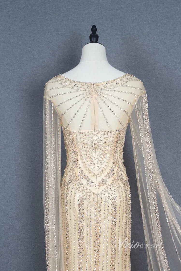 Elegant Cape Sleeve Evening Dress Vintage Beaded Sheath Prom Dresses FD2775-Evening Dresses 2025 -Viniodress-Gold-US 2-