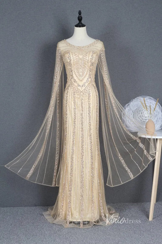 Elegant Cape Sleeve Evening Dress Vintage Beaded Sheath Prom Dresses FD2775-Evening Dresses 2025 -Viniodress-Gold-US 2-