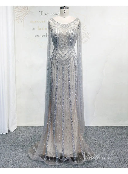 Elegant Cape Sleeve Evening Dress Vintage Beaded Sheath Prom Dresses FD2775-Evening Dresses 2025 -Viniodress-Grey-US 2-