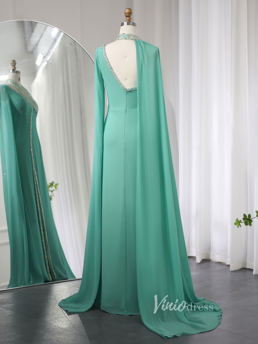 Elegant Cape Sleeve Prom Dresses with Slit Mermaid Mother of the Bride Dress AD1170-Evening Dresses 2025 -Viniodress-Green-US 2-