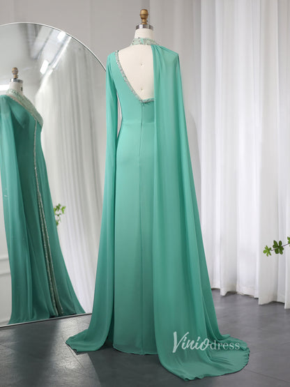 Elegant Cape Sleeve Prom Dresses with Slit Mermaid Mother of the Bride Dress AD1170-Evening Dresses 2025 -Viniodress-Green-US 2-
