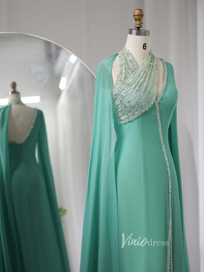 Elegant Cape Sleeve Prom Dresses with Slit Mermaid Mother of the Bride Dress AD1170-Evening Dresses 2025 -Viniodress-Green-US 2-