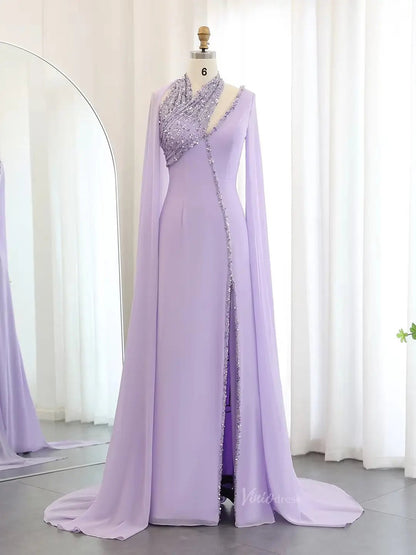 Elegant Cape Sleeve Prom Dresses with Slit Mermaid Mother of the Bride Dress AD1170-Evening Dresses 2025 -Viniodress-Lilac-US 2-
