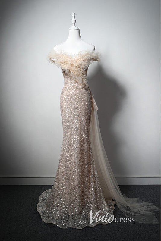 Elegant Champagne Sequin Prom Dresses Mermaid Evening Dress AD1011-prom dresses-Viniodress-Champagne-Custom Size-Viniodress