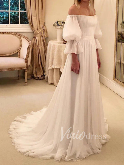 Elegant Chiffon Beach Wedding Dresses with 3/4 Sleeves VW1208-wedding dresses 2025 -Viniodress-Ivory-Custom Size-
