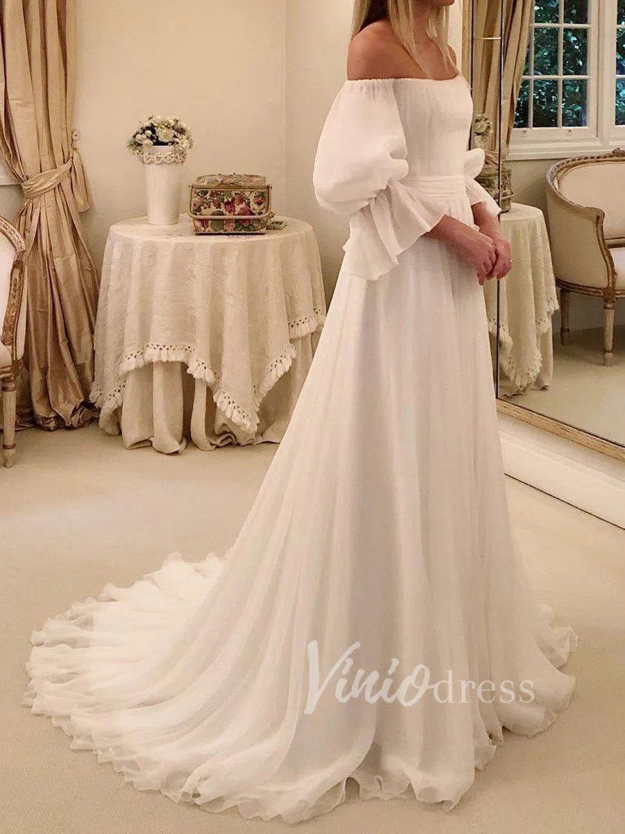 Elegant Chiffon Beach Wedding Dresses with 3/4 Sleeves VW1208-wedding dresses 2025 -Viniodress-Ivory-Custom Size-
