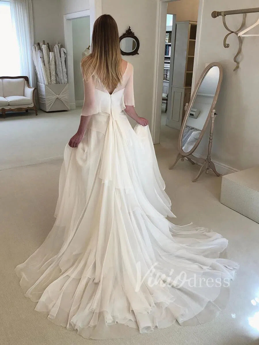 Elegant Chiffon Beach Wedding Dresses with Sleeves VW1261-wedding dresses 2025 -Viniodress-Ivory-Custom Size-