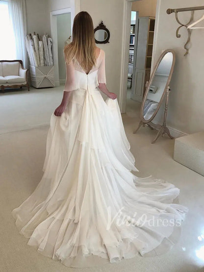 Elegant Chiffon Beach Wedding Dresses with Sleeves VW1261-wedding dresses 2025 -Viniodress-Ivory-Custom Size-