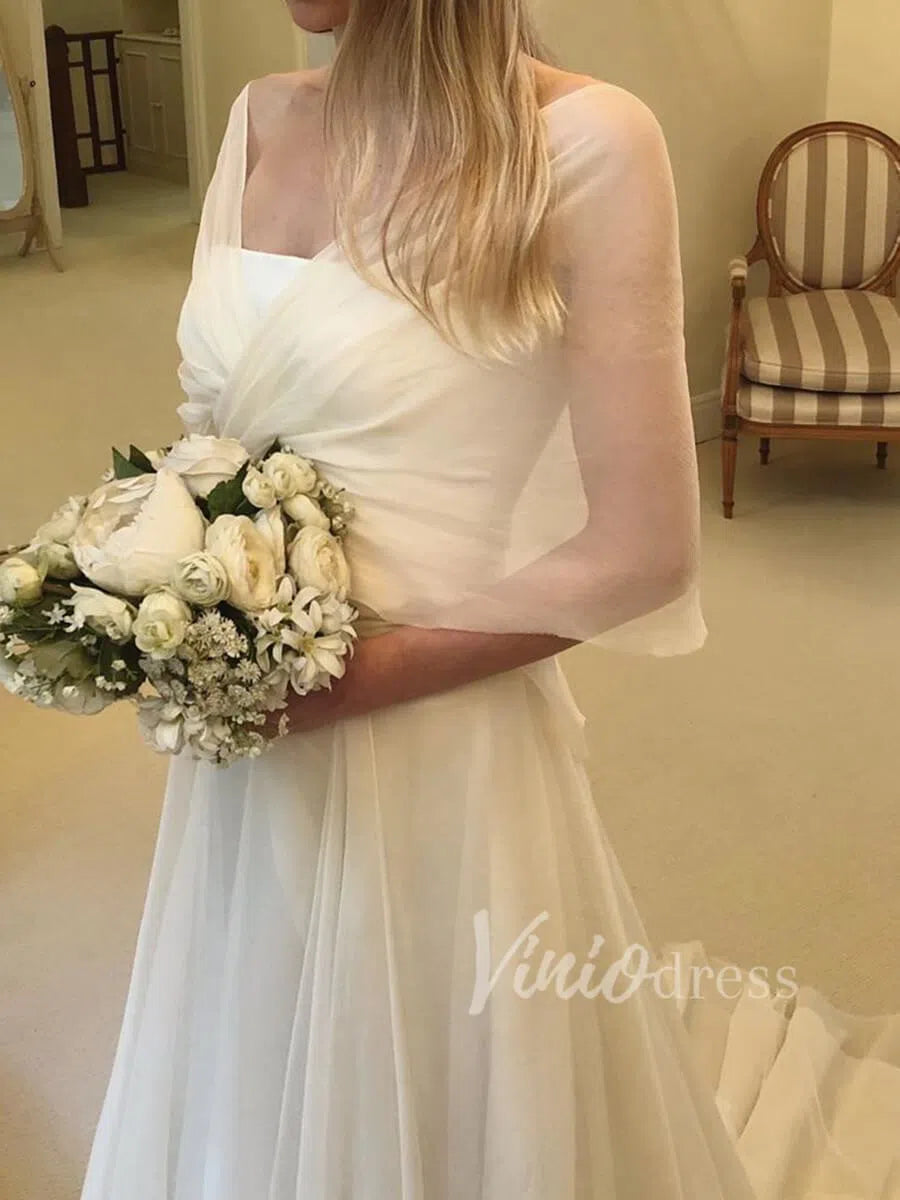 Elegant Chiffon Beach Wedding Dresses with Sleeves VW1261-wedding dresses 2025 -Viniodress-Ivory-Custom Size-