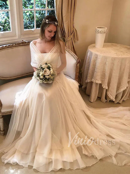 Elegant Chiffon Beach Wedding Dresses with Sleeves VW1261-wedding dresses 2025 -Viniodress-Ivory-Custom Size-