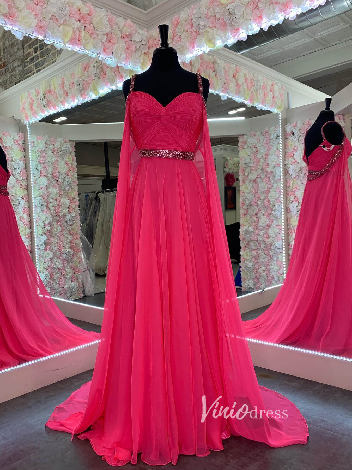 Elegant Chiffon Prom Dresses Beaded Cape Sleeve Formal Gowns FD2831-prom dresses 2025 -Viniodress-Hot Pink-Custom Size-