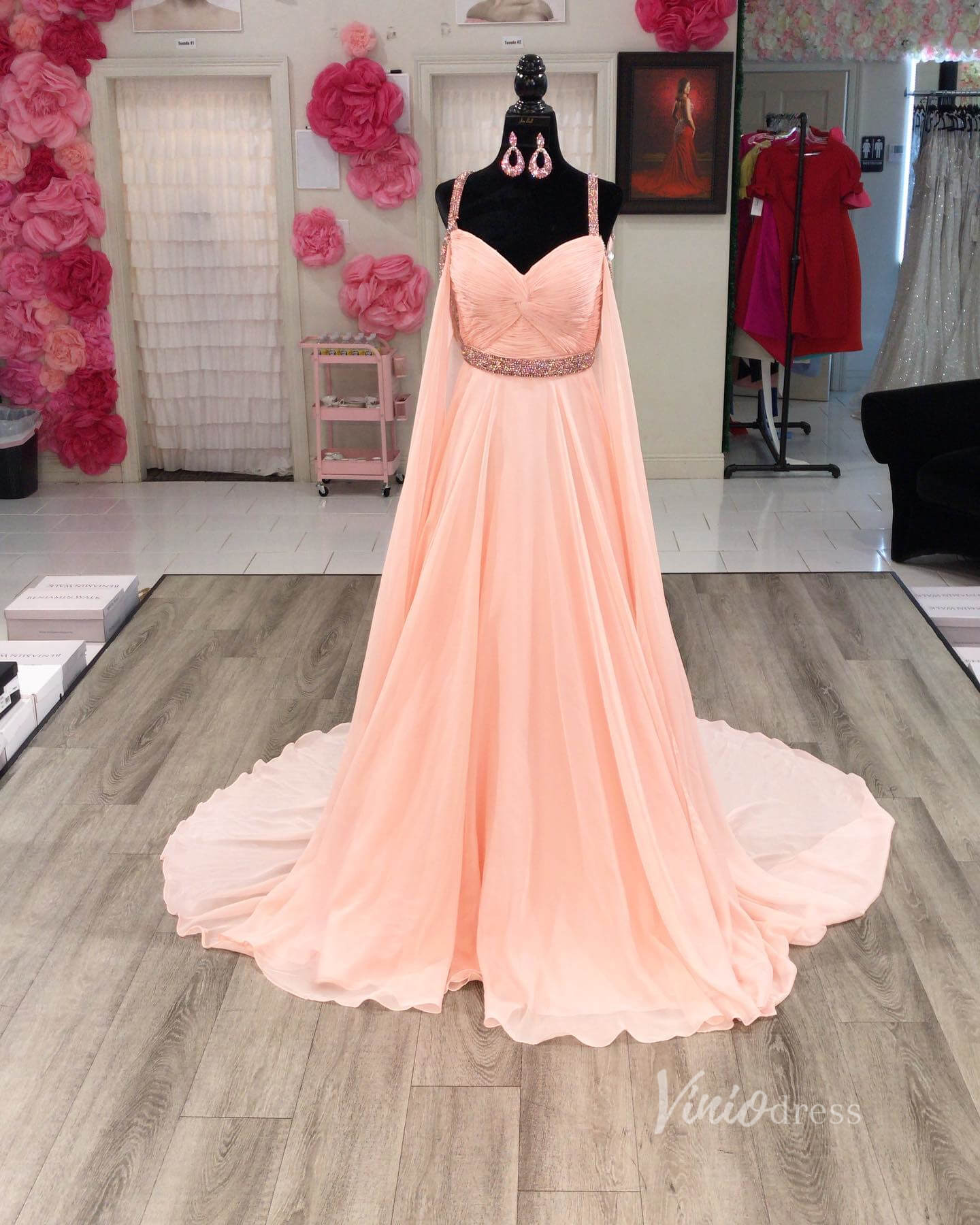 Elegant Chiffon Prom Dresses Beaded Cape Sleeve Formal Gowns FD2831-prom dresses 2025 -Viniodress-Hot Pink-Custom Size-