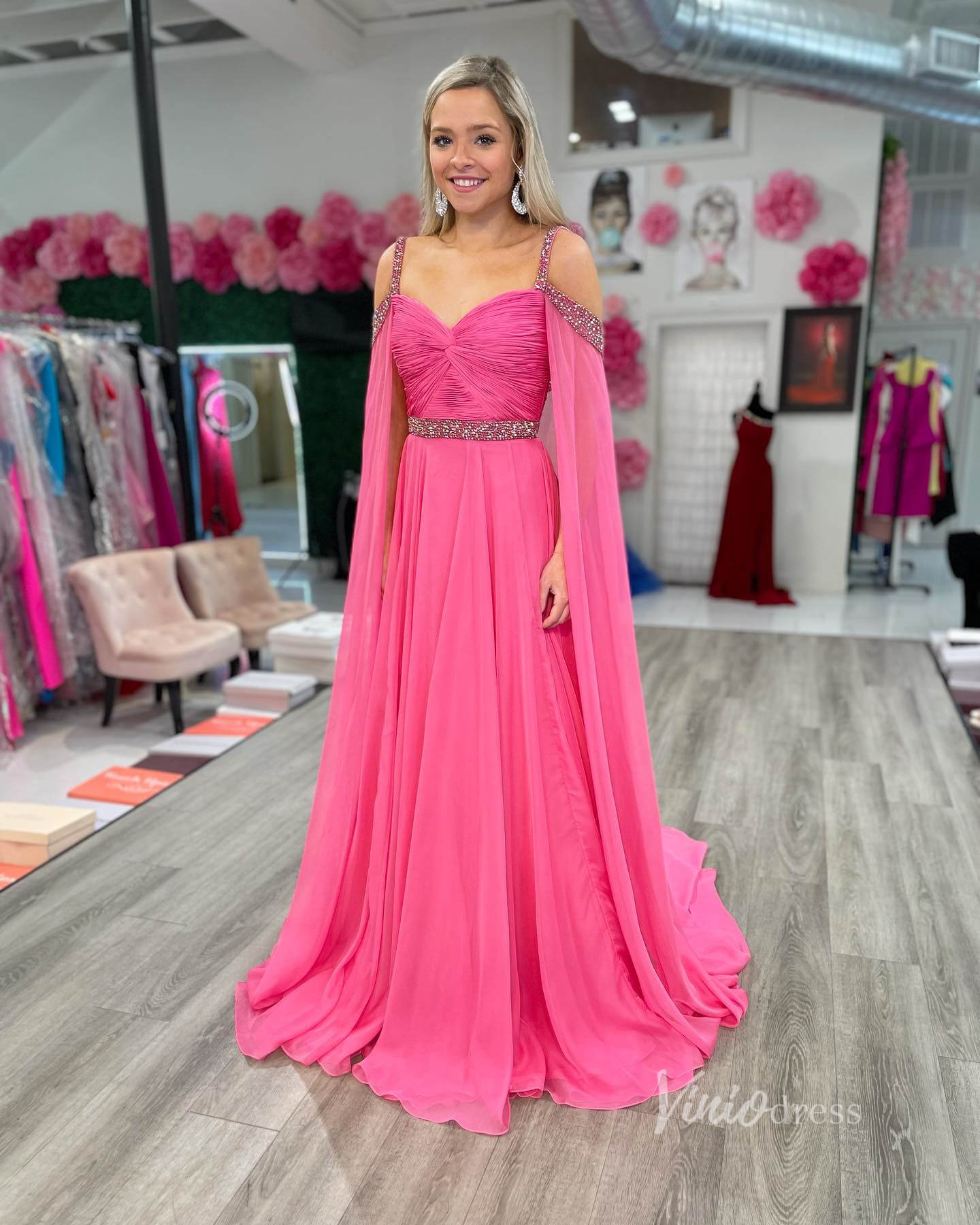 Prom Dress 2025 Elegant Chiffon Prom Dresses Beaded Cape Sleeve Formal Gowns FD2831-unique prom dresses-Hot Pink-Custom Size-Viniodress