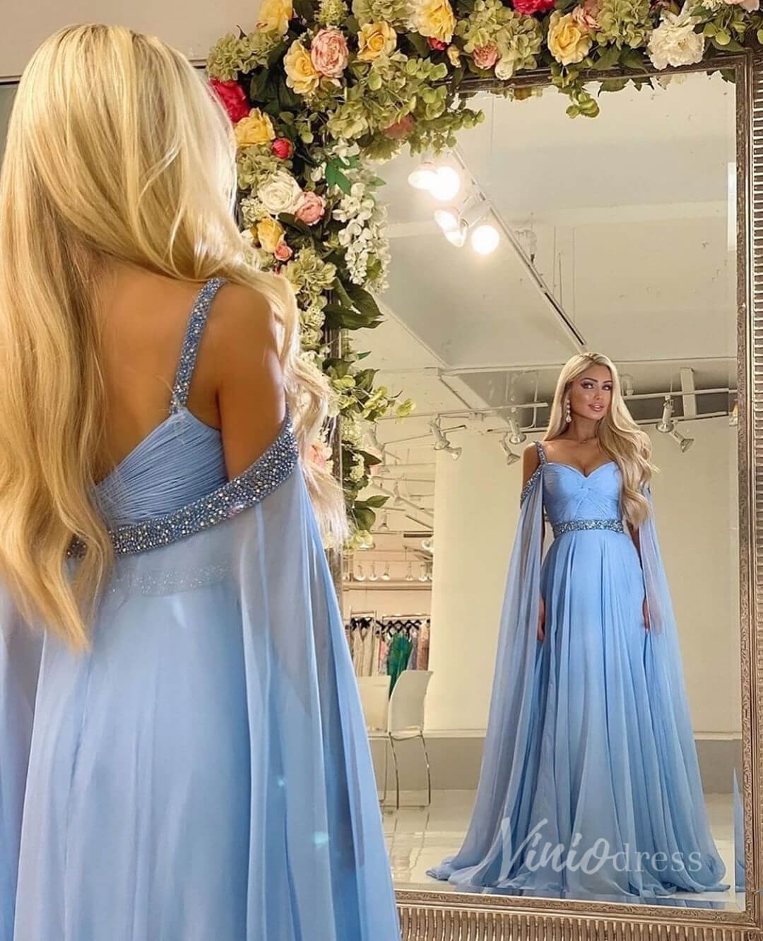 Prom Dress 2025 Elegant Chiffon Prom Dresses Beaded Cape Sleeve Formal Gowns FD2831-unique prom dresses-Light Blue-Custom Size-Viniodress