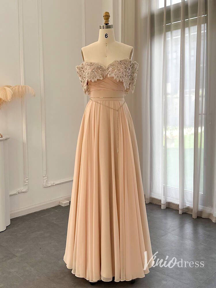 Elegant Chiffon Prom Dresses Off the Shoulder Mother of the Bride Dress AD1165-Evening Dresses 2025 -Viniodress-Champagne-US 2-