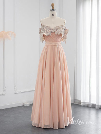 Elegant Chiffon Prom Dresses Off the Shoulder Mother of the Bride Dress AD1165-Evening Dresses 2025 -Viniodress-Pink-US 2-
