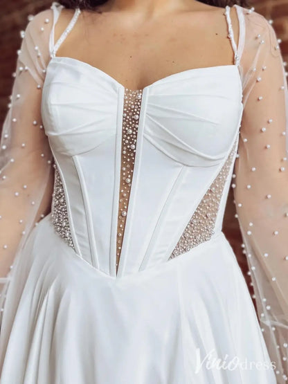 Elegant Chiffon Wedding Dress with Pearl Bodice, Removable Sleeves, Basque Waist and Slit – MN123-wedding dresses 2025 -Viniodress-Ivory-Custom Size-