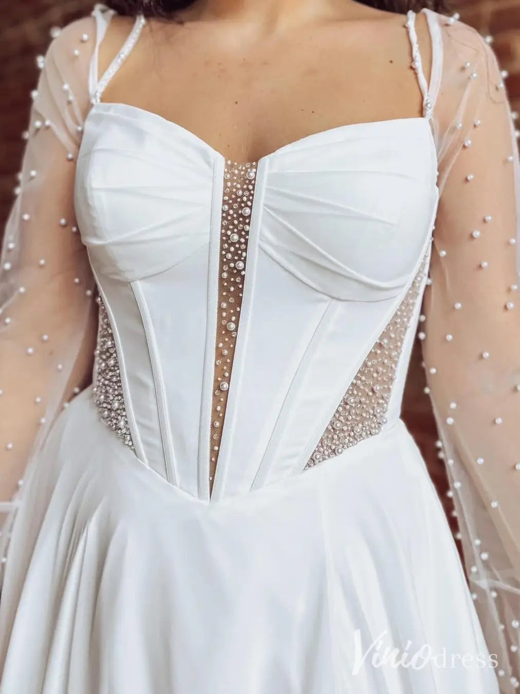 Chiffon Wedding Dress with Pearl Bodice, Removable Sleeves MN123 Viniodress Chiffon Wedding Dress with Pearl Bodice, Removable Sleeves MN123 Viniodress