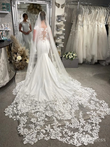 Elegant Crepe Mermaid Wedding Dress with Cap Sleeve, Illusion Back and Floral Lace Chapel Train – ML125-wedding dresses 2025 -Viniodress-Ivory-Dress Only-Custom Size