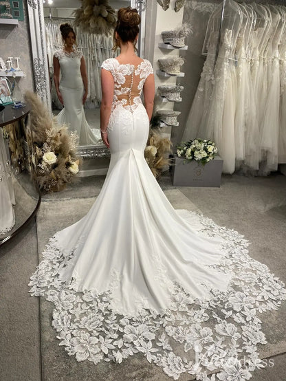 Elegant Crepe Mermaid Wedding Dress with Cap Sleeve, Illusion Back and Floral Lace Chapel Train – ML125-wedding dresses 2025 -Viniodress-Ivory-Dress Only-Custom Size