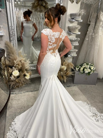 Elegant Crepe Mermaid Wedding Dress with Cap Sleeve, Illusion Back and Floral Lace Chapel Train – ML125-wedding dresses 2025 -Viniodress-Ivory-Dress Only-Custom Size