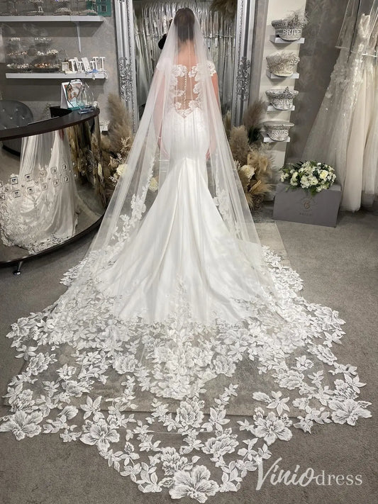 Elegant Crepe Mermaid Wedding Dress with Cap Sleeve, Illusion Back and Floral Lace Chapel Train – ML125-wedding dresses 2025 -Viniodress-Ivory-Dress Only-Custom Size