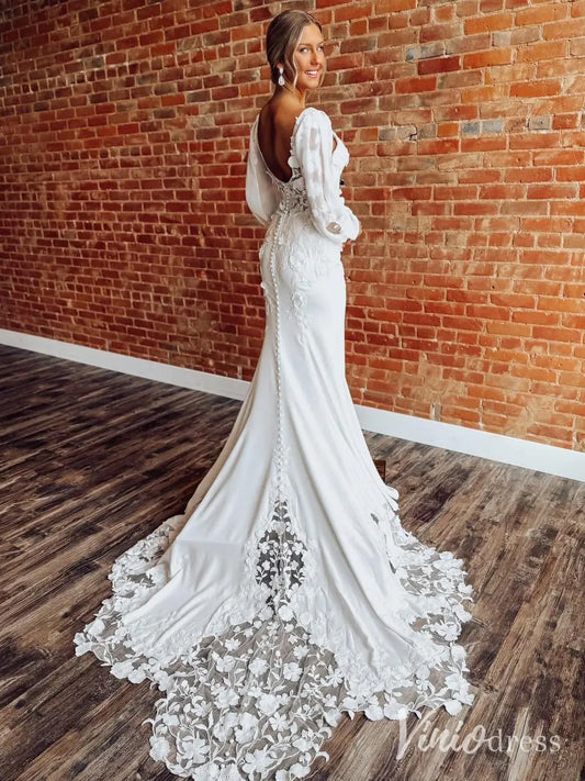 Elegant Crepe Mermaid Wedding Dress with Long Sleeves, Floral Lace Appliqué and – ML126-wedding dresses 2025 -Viniodress-Ivory-Custom Size-