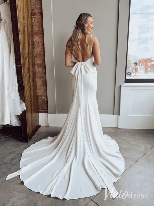 Elegant Crepe Mermaid Wedding Dress with Scoop Neck, Open Back, Long Train and Bow Detail – MN118-wedding dresses 2025 -Viniodress-Ivory-Custom Size-