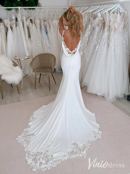 Elegant Crepe Wedding Dress with V-Neckline, Draped Back, Floral Appliqué Train – MN112-wedding dresses 2025 -Viniodress-Ivory-Custom Size-