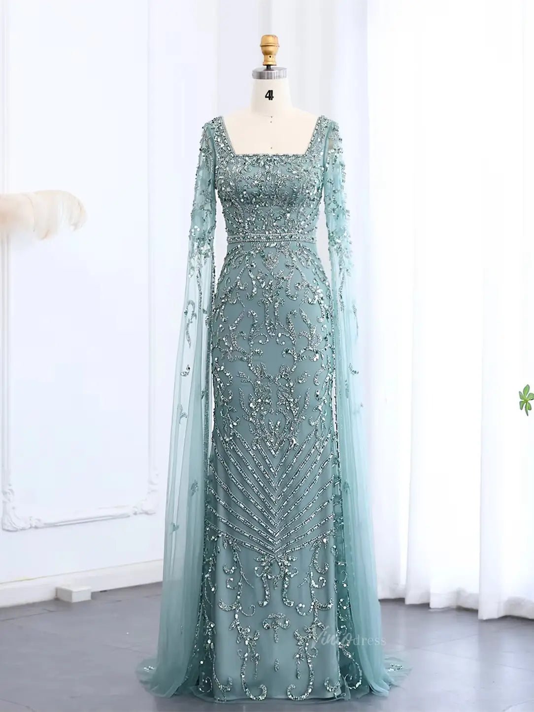 Elegant Draped Sleeve Prom Dresses Sparkly Beaded Formal Dresses, Square Neck BD042-Evening Dresses 2025 -Viniodress-Green-US 2-