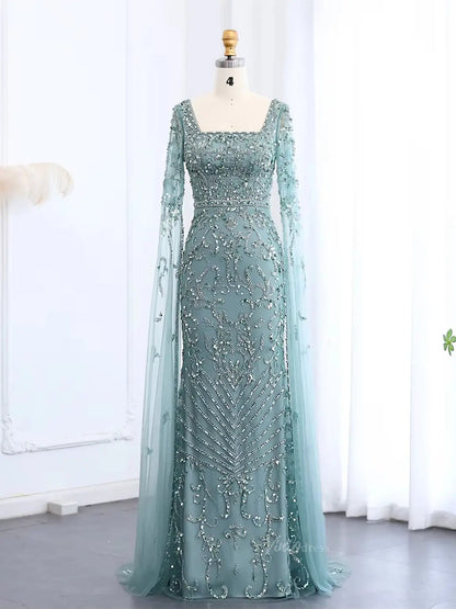Elegant Draped Sleeve Prom Dresses Sparkly Beaded Formal Dresses, Square Neck BD042-Evening Dresses 2025 -Viniodress-Green-US 2-