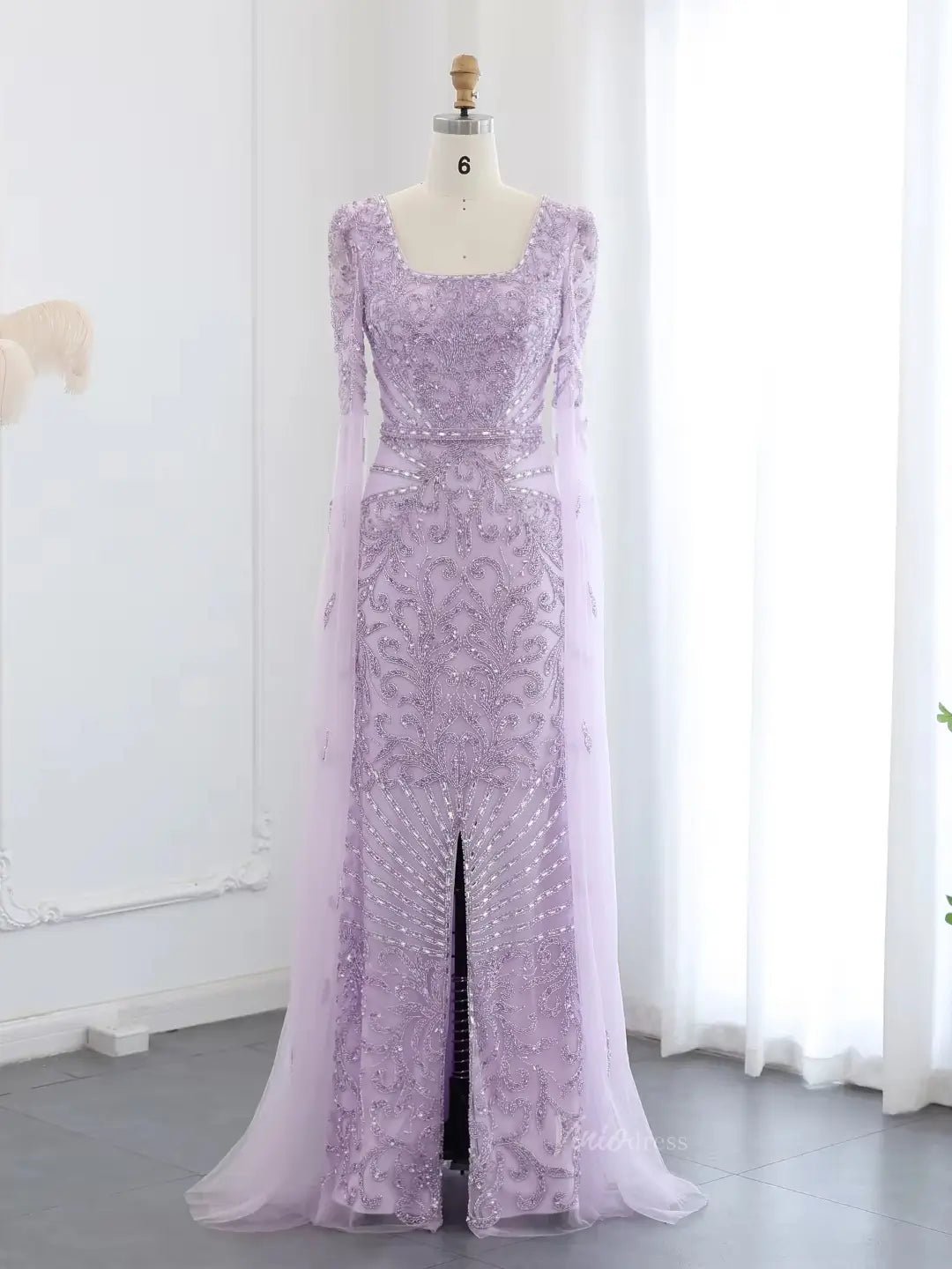 Elegant Draped Sleeve Prom Dresses Sparkly Beaded Formal Dresses, Square Neck BD042-Evening Dresses 2025 -Viniodress-Lavender-US 2-