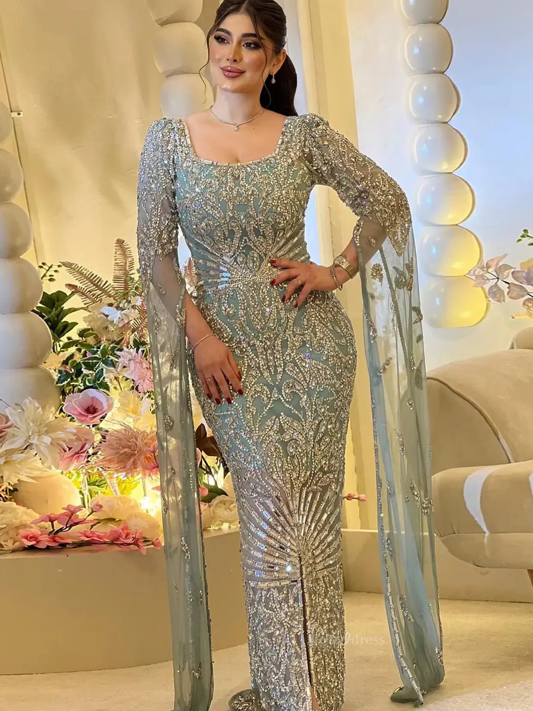 Elegant Draped Sleeve Prom Dresses Sparkly Beaded Formal Dresses, Square Neck BD042-Evening Dresses 2025 -Viniodress-Light Green-US 2-