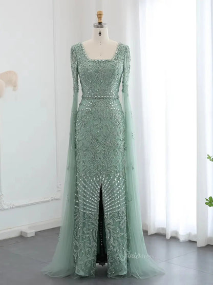 Elegant Draped Sleeve Prom Dresses Sparkly Beaded Formal Dresses, Square Neck BD042-Evening Dresses 2025 -Viniodress-Light Green-US 2-