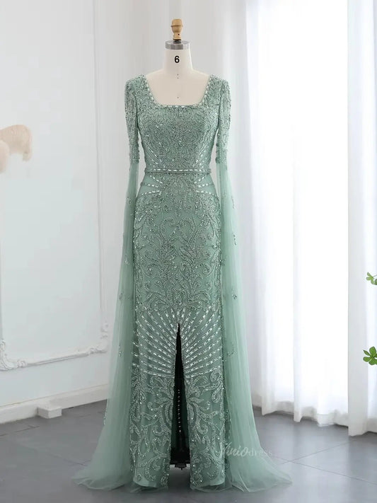 Elegant Draped Sleeve Prom Dresses Sparkly Beaded Formal Dresses, Square Neck BD042-Evening Dresses 2025 -Viniodress-Light Green-US 2-