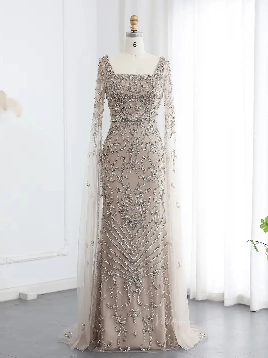 Elegant Draped Sleeve Prom Dresses Sparkly Beaded Formal Dresses, Square Neck BD042-Evening Dresses 2025 -Viniodress-Nude-US 2-