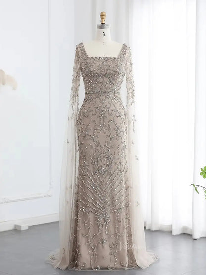 Elegant Draped Sleeve Prom Dresses Sparkly Beaded Formal Dresses, Square Neck BD042-Evening Dresses 2025 -Viniodress-Nude-US 2-