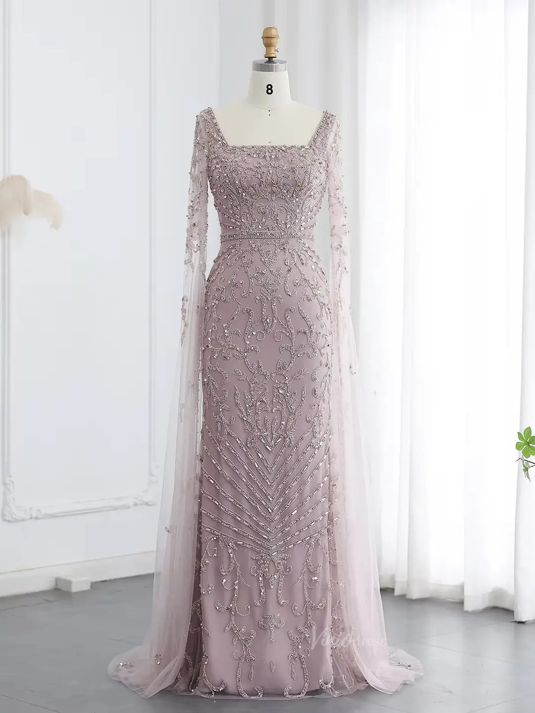 prom dresses 2025-to impress Elegant Draped Sleeve Prom Dresses Sparkly Beaded Formal Dresses, Square Neck BD042-plus size wedding dresses Viniodress-Dusty Rose-US 2-