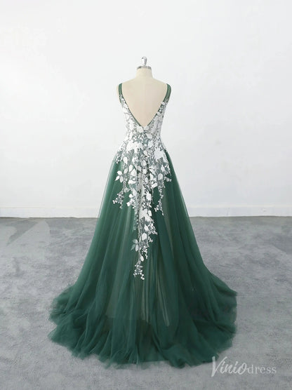 Elegant Emerald Green Wedding Dress with White Lace Appliqués, V-Neckline & Chapel Train – FW235-wedding dresses 2025 -Viniodress-Emerald-Custom Size-