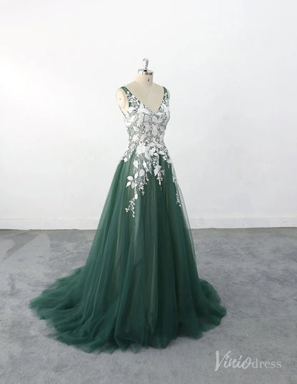 Elegant Emerald Green Wedding Dress with White Lace Appliqués, V-Neckline & Chapel Train – FW235-wedding dresses 2025 -Viniodress-Emerald-Custom Size-