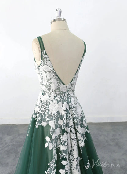 Elegant Emerald Green Wedding Dress with White Lace Appliqués, V-Neckline & Chapel Train – FW235-wedding dresses 2025 -Viniodress-Emerald-Custom Size-