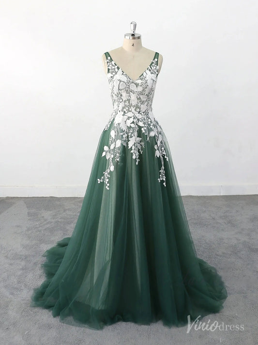 Elegant Emerald Green Wedding Dress with White Lace Appliqués, V-Neckline & Chapel Train – FW235-wedding dresses 2025 -Viniodress-Emerald-Custom Size-