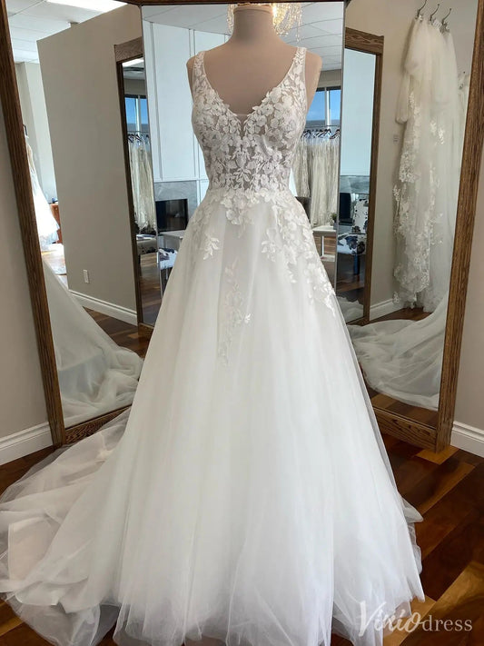 Elegant Floral Lace A-Line Wedding Dress with Illusion Bodice – VW2568-wedding dresses 2025 -Viniodress-White-Custom Size-