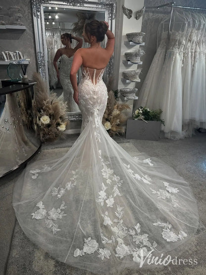 Elegant Floral Lace Mermaid Wedding Dress with Chapel Train and Sweetheart Neck – ML124-wedding dresses 2025 -Viniodress-Ivory-Custom Size-