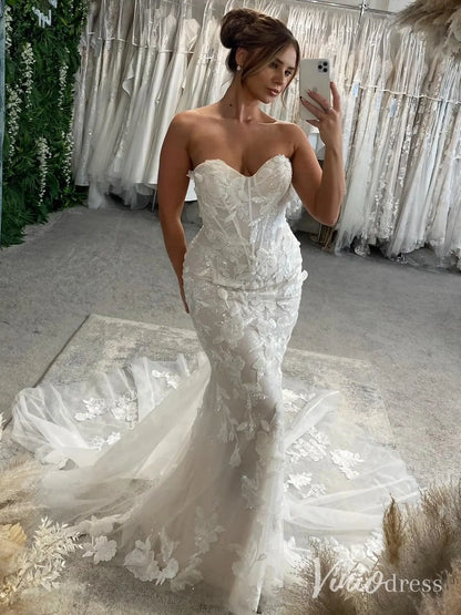 Elegant Floral Lace Mermaid Wedding Dress with Chapel Train and Sweetheart Neck – ML124-wedding dresses 2025 -Viniodress-Ivory-Custom Size-