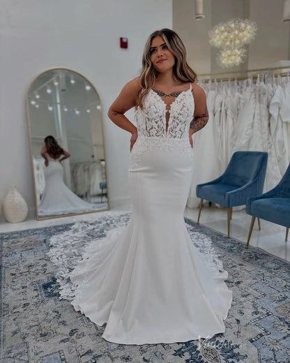 Elegant Floral Lace Mermaid Wedding Dress with Sheer Bodice, Spaghetti Straps & Chapel Train – MN137-wedding dresses 2025 -Viniodress-Ivory-Custom Size-