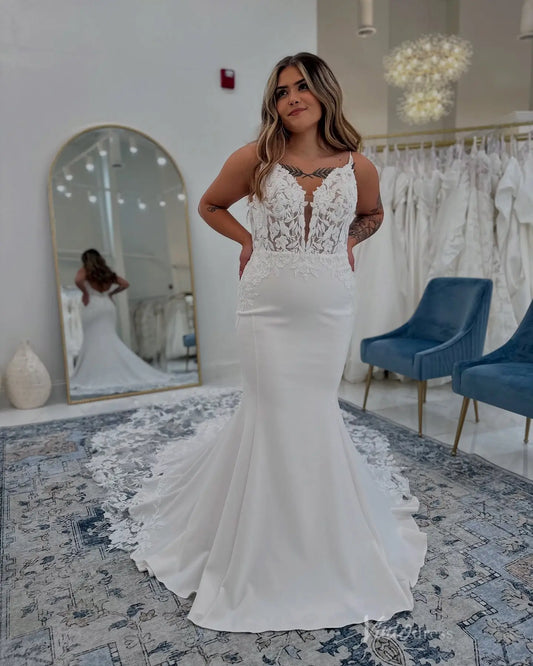 Elegant Floral Lace Mermaid Wedding Dress with Sheer Bodice, Spaghetti Straps & Chapel Train – MN137-wedding dresses 2025 -Viniodress-Ivory-Custom Size-